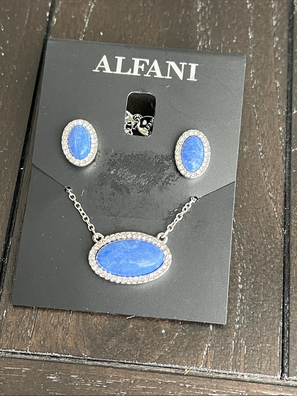 Alfani Silver-Tone Blue Oval Pendant Necklace with Matching Studs